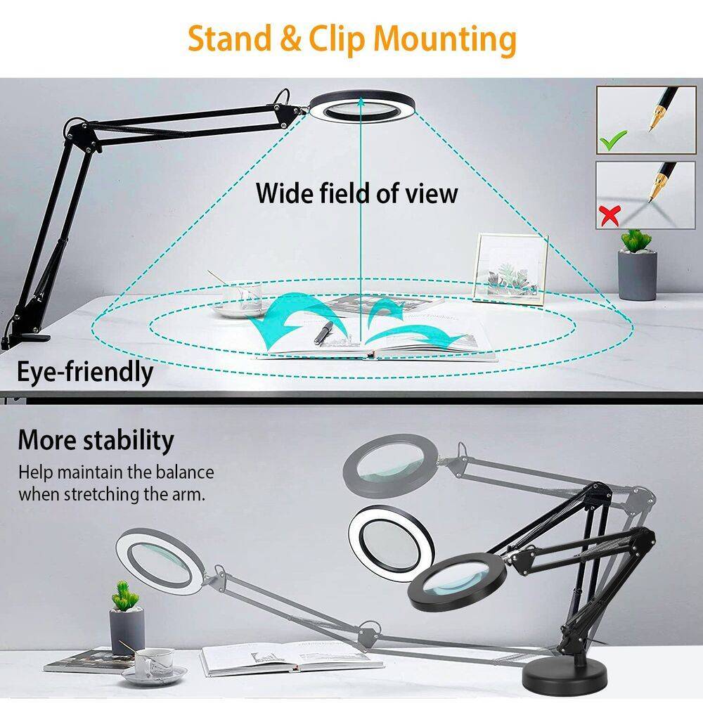 Magnifying Glass Desk Light Magnifier LED Lamp Reading Lamp With Base& Clamp 10X