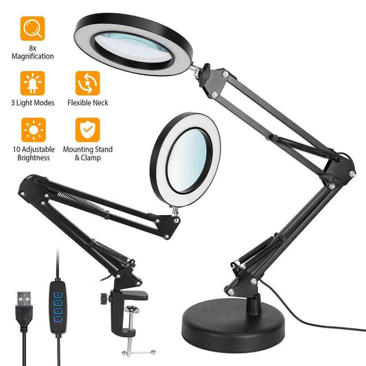 Magnifying Glass Desk Light Magnifier LED Lamp Reading Lamp With Base& Clamp 10X