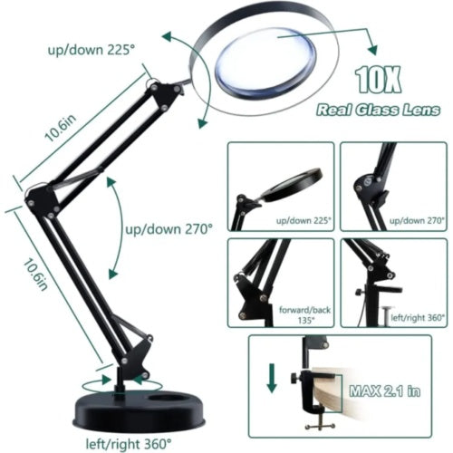 Magnifying Glass Desk Light Magnifier LED Lamp Reading Lamp With Base& Clamp 10X