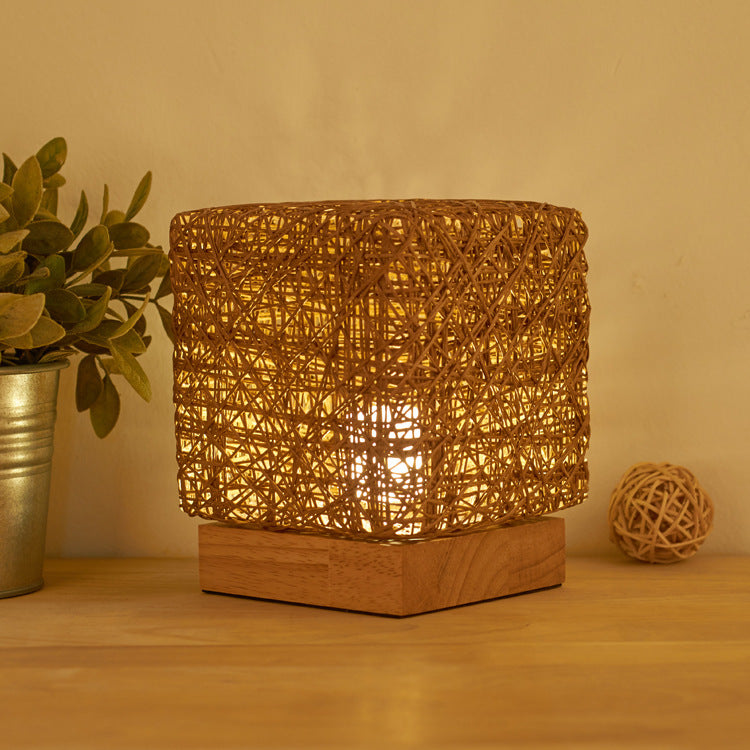 Hand-Knit Dimmable Square LED Desk Lights Wood Rattan Twine USB Charging Table Lamp Girls Bedroom Gift Home Decor Night Lighting